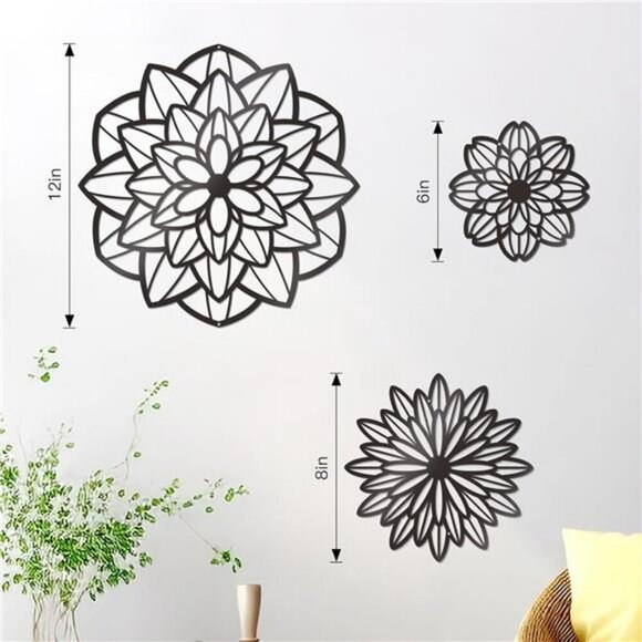 Metal Flower Wall Decor Set of 3 Black Hanging Art for Bathroom Living Room - Picture 3 of 7